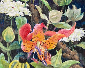 Original oil painting, Flyaway Lily, painting of tiger lily, queen anne's lace, bee balm, in beautifully crafted frame, ready to hang
