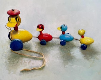 Original Oil Painting of Vintage Duck Toy, Navy Frame, Nursery Art (16x14 inches)