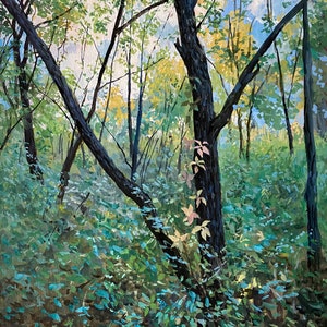 Shagbark Hickory, début de l'automne, original, un paysage de gouache unique en son genre sur le carton de reliure dans un cadre folklorique vintage