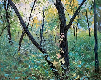 Shagbark Hickory, early fall, original, one of a kind gouache landscape on binder's board in vintage folk frame