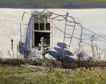 Original painting, gouache painting of trellis and fountain in winter garden bed