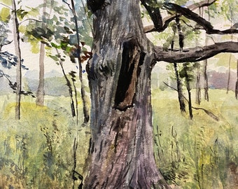 Yelling Tree, original watercolor landscape painting, framed under mat and glass in refurbished vintage wooden frame