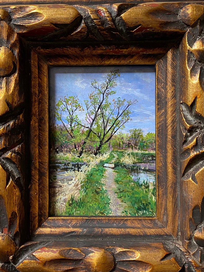 The Way Over, gouache painting of path in early spring in recycled vintage gold frame, one of a kind, original art, landscape painting image 6