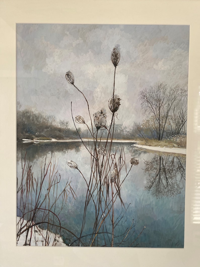 Wild Carrot in Winter, original gouache painting of queen anne's lace or wild carrot on the banks of the Fox River, ready to hang image 5