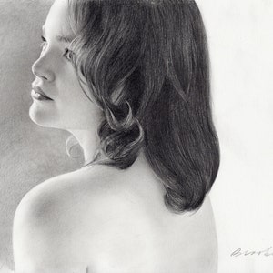 pencil drawing of young woman, jackie, graphite, delicate and detailed drawing, original art, one of a kind, fine art, boudoir art