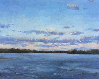 Fox Lake, Illinois, landscape oil painting, lake painting, small landscape painting of lake in winter, winter landscape, sunset, OOAK