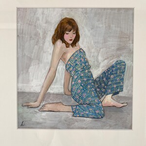 Joyful Jumpsuit, gouache painting of woman in a blue printed jumpsuit, under archival mat in white frame, ready to hang, inspired by Schiele image 4