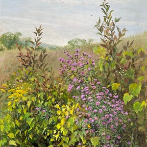 Wild Grape and Asters, pintura gouache original de flores silvestres, pintura de pradera, pintura de flores silvestres, estera de archivo, enmarcada, lista para colgar