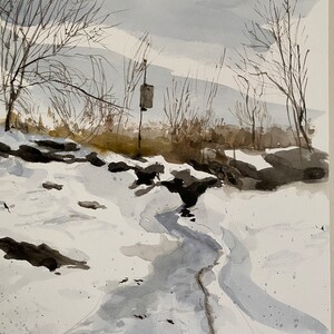 Winter Birdhouse, pintura original em aquarela de uma casa de passarinho no inverno, pintura de paisagem, norte de Illinois