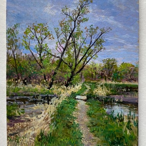 The Way Over, gouache painting of path in early spring in recycled vintage gold frame, one of a kind, original art, landscape painting image 7