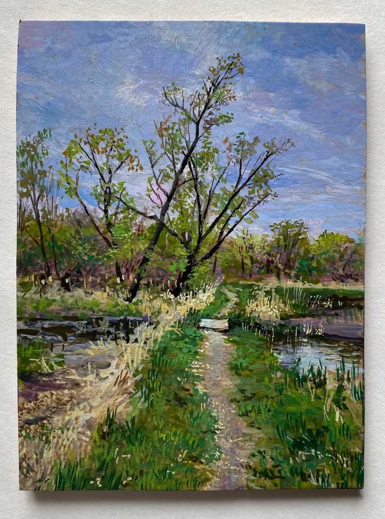 The Way Over, gouache painting of path in early spring in recycled vintage gold frame, one of a kind, original art, landscape painting image 7