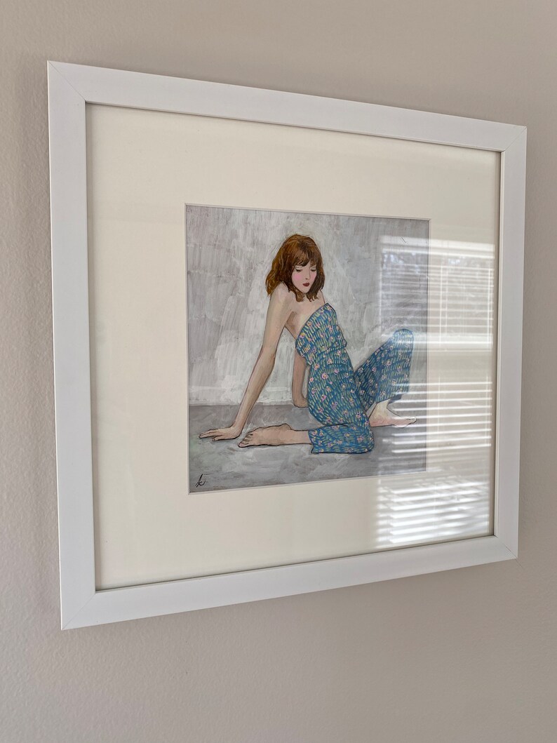 Joyful Jumpsuit, gouache painting of woman in a blue printed jumpsuit, under archival mat in white frame, ready to hang, inspired by Schiele image 7