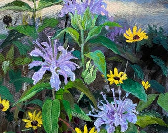 original acrylic painting, Bee Balm and Black-eyed Susan, painting of wildflowers inspired by Cedric Morris, framed and ready to hang