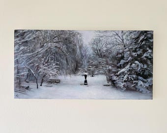 Kerwin's Garden, original oil and acrylic painting of a garden in winter on stretched canvas, peaceful winter scene