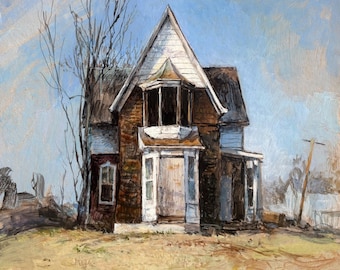 Original Acrylic Painting of Torn-Down House, Vintage Recycled Frame
