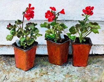 Miniature Geranium Painting, Acrylic on Board, White Frame (3x2.5 inches)