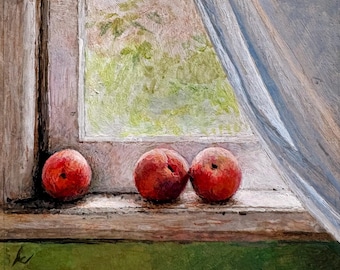 Original Acrylic Painting, Peaches on Window Sill, Baroque Frame (4 x 4.25 inches)