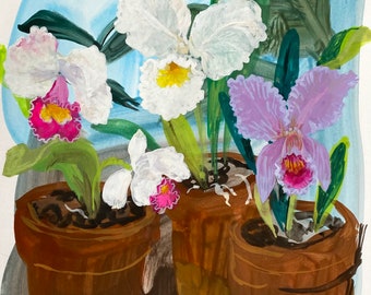 Irises in Pots, original gouache painting on paper, under archival mat, in vintage frame, ready to hang, original painting, OOAK