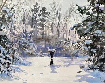 Kerwin's Garden, January, original gouache painting of an urn in an winter garden, sunny day, under archival mat and in frame, ready to hang