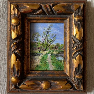 The Way Over, gouache painting of path in early spring in recycled vintage gold frame, one of a kind, original art, landscape painting image 4