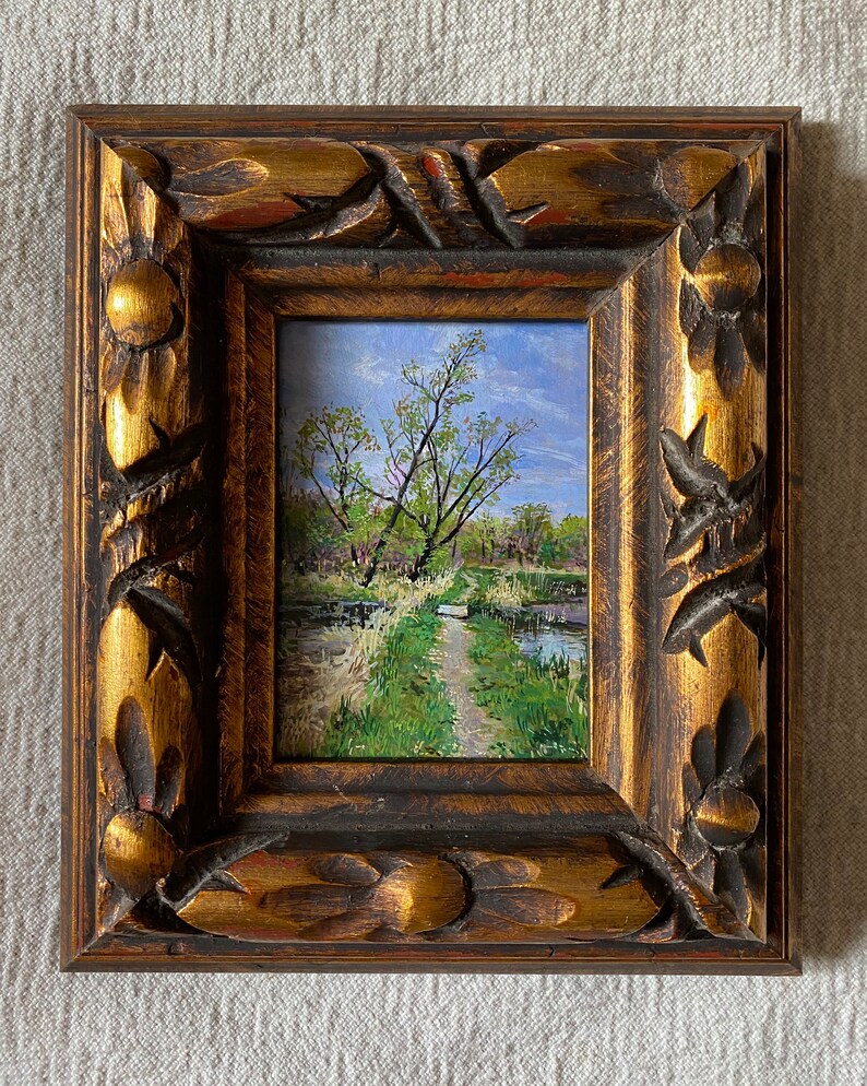 The Way Over, gouache painting of path in early spring in recycled vintage gold frame, one of a kind, original art, landscape painting image 4