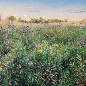 Prairie Moonrise, Volo, uniek origineel olieverfschilderij van een prairie en wilde bloemen, olieverf op doek in opgeknapte vintage lijst