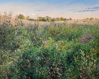 Prairie Moonrise, Volo, one of a kind original oil painting of a prairie and wildflowers, oil on canvas in refurbished vintage frame