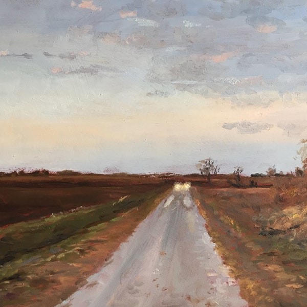 Adams County, IL, original oil painting of country road, headlights, impressionism, landscape painting, midwest, farm fields, oil on panel