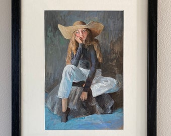 Sharpshooter, original gouache painting of a young woman in a cowboy hat, framed and ready to hang