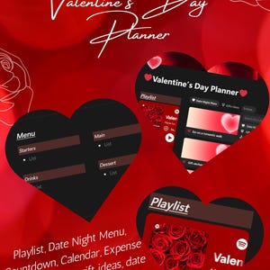 May include: A red and black Valentine's Day Planner graphic with heart-shaped elements. The image features the text "Valentine's Day Planner" in white script. Additional text includes "Playlist, Date Night Menu, Countdown, Calendar, Expense tracker, gift log, gift ideas, & way more!"