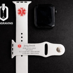 Pulsera de alerta médica para Apple Watch con identificación de emergencia de silicona grabada personalizada