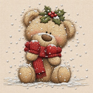 May include: A tan teddy bear with textured fur wearing a red scarf and red mittens, featuring a sprig of green holly with red berries on its head, depicted against a beige background with white embroidered snowflakes falling around it.