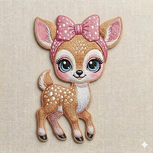 Könnte beinhalten: Gestickter Aufnäher eines Cartoon-Fawns mit großen blauen Augen, der eine rosa Schleife und ein Stirnband mit Punkten trägt. Das Reh hat braunes Fell mit weißen Flecken und eine weiße Brust. Für Kleidung oder Accessoires.