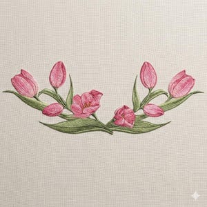 May include: Embroidered floral design featuring pink tulips and green leaves. The tulips are in various stages of bloom, with some still in bud form. The design is set against a neutral, textured background.