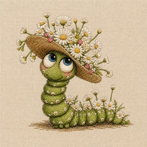 May include: An embroidered illustration of a green caterpillar with large blue eyes, wearing a tan straw hat adorned with white and yellow daisy flowers. The caterpillar has a segmented body with small white spots and is surrounded by daisies.