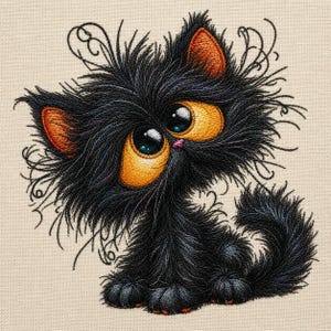 Può includere: Un disegno ricamato di un gatto nero soffice con grandi occhi giallo oro espressivi e l'interno delle orecchie arancione. Il gatto ha un piccolo naso rosa, lunghi baffi e un aspetto arruffato, il tutto cucito su un tessuto beige chiaro.