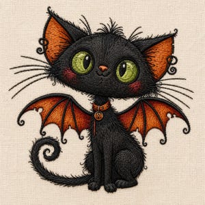 May include: An embroidered patch of a black cat with large green eyes, orange inner ears, and orange bat wings. The cat wears a brown collar with a circular pendant. The design features detailed black fur stitching on a light beige fabric background.