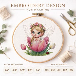 May include: An embroidery design for machine featuring a fairy with blonde hair and a flower crown sitting inside a large pink tulip. The design includes text reading EMBROIDERY DESIGN FOR MACHINE and lists sizes 3.9", 4.9", 5.9", 6.9", 7.9" and file formats PES, DST, JEF, EXP, HUS.
