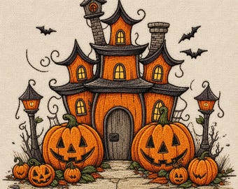 Haunted House and Pumpkins Embroidery Design, Spooky Halloween Mansion Machine Embroidery File, Digital Download