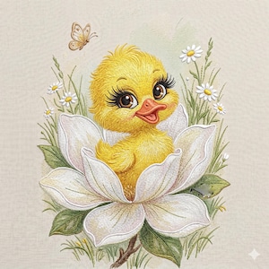May include: A charming illustration of a yellow duckling with long eyelashes nestled inside a large white flower. Daisies and grass surround the flower, with a small butterfly fluttering above. The artwork has a soft, textured appearance.