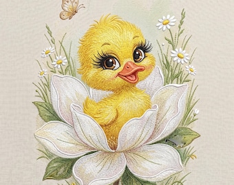 May include: A charming illustration of a yellow duckling with long eyelashes nestled inside a large white flower. Daisies and grass surround the flower, with a small butterfly fluttering above. The artwork has a soft, textured appearance.