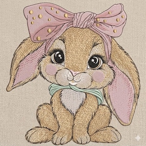 Big Eye Bunny Embroidery Design with Pink Bow, Cute Easter Rabbit Machine Embroidery File , 5 sizes, Instant Download