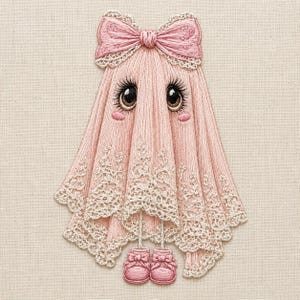 May include: An embroidered patch featuring a light pink ghost character with large brown eyes, long eyelashes, and rosy cheeks. The ghost wears a pink bow on its head and is adorned with intricate cream-colored lace trim at the hem and matching pink shoes.