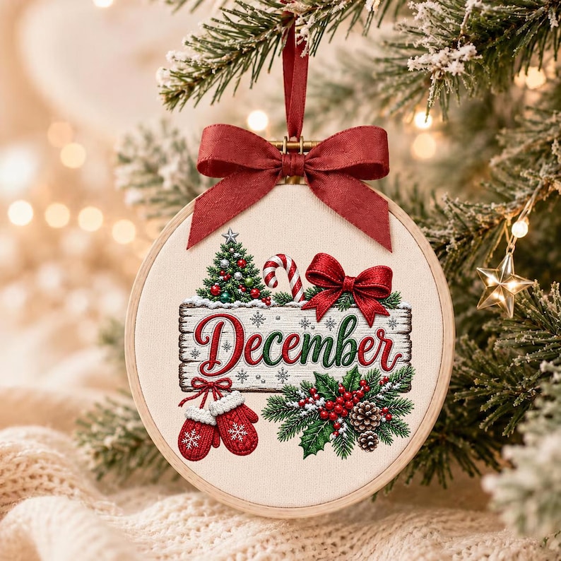 Fancy December Sign December Christmas Embroidery Design, Holiday Sign With Tree Candy Cane ...