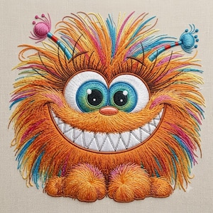 May include: A vibrant machine embroidery design featuring a fuzzy orange creature with large blue eyes, a wide grin showing white teeth, and two antennae with round tips. The creature is covered in long, multi-colored thread stitches.