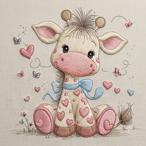 Pode incluir: Um design de bordado apresentando uma girafa sentada com pelagem castanho-clara, focinho rosa e interior das orelhas rosa. A girafa usa um laço azul-claro no pescoço e está rodeada por pequenos corações rosa, borboletas azuis e flores minúsculas.