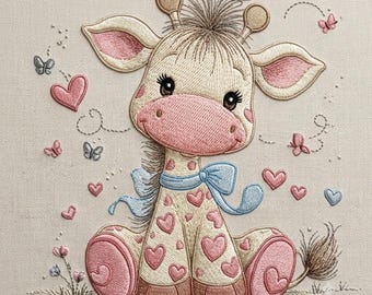Cute Baby Giraffe Embroidery Design, Valentine Giraffe Embroidery File, Kawaii Animal, Heart Nursery, Instant Download