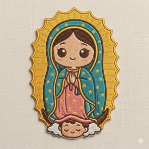 May include: Embroidered patch featuring a cartoon depiction of the Virgin of Guadalupe. The image shows a figure in a blue robe with gold stars, a pink dress, and a gold halo. A small figure is at the bottom, and the patch is outlined in gold.
