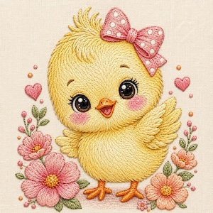 May include: An embroidery design featuring a fluffy yellow chick with large dark eyes, pink cheeks, and an orange beak. The chick wears a pink bow with white polka dots. It is surrounded by pink flowers, green leaves, and small pink hearts.