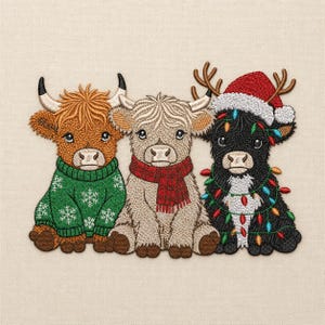 May include: An embroidery design featuring three Highland cattle. The left cow is ginger wearing a green sweater with white snowflakes. The middle cow is cream wearing a red scarf. The right cow is black wearing a Santa hat and Christmas lights.